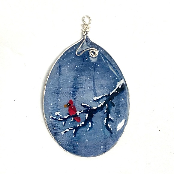 HANDMADE Mixed Media Hand Painted Acrylic Resin Art Cardinal Statement Pendant - Picture 6 of 9